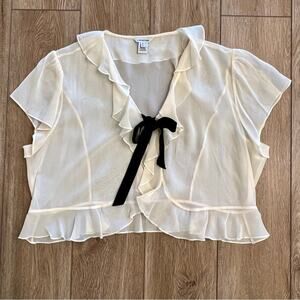 J. Peterman 100% silk ruffle sheer velvet bow front tie blouse